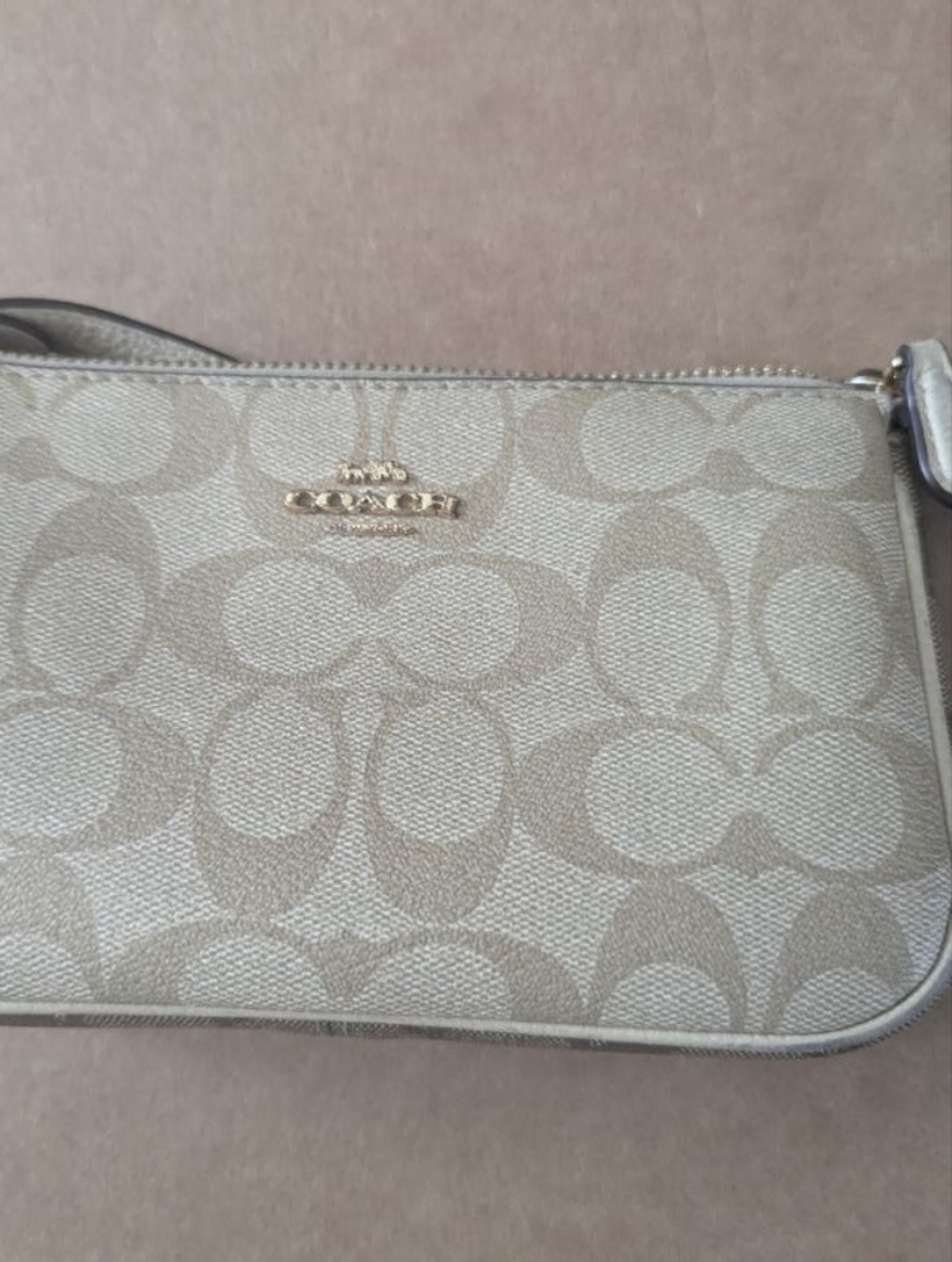 Coach Beige/Chalk Signature Canvas Wristlet with Gold Hardware